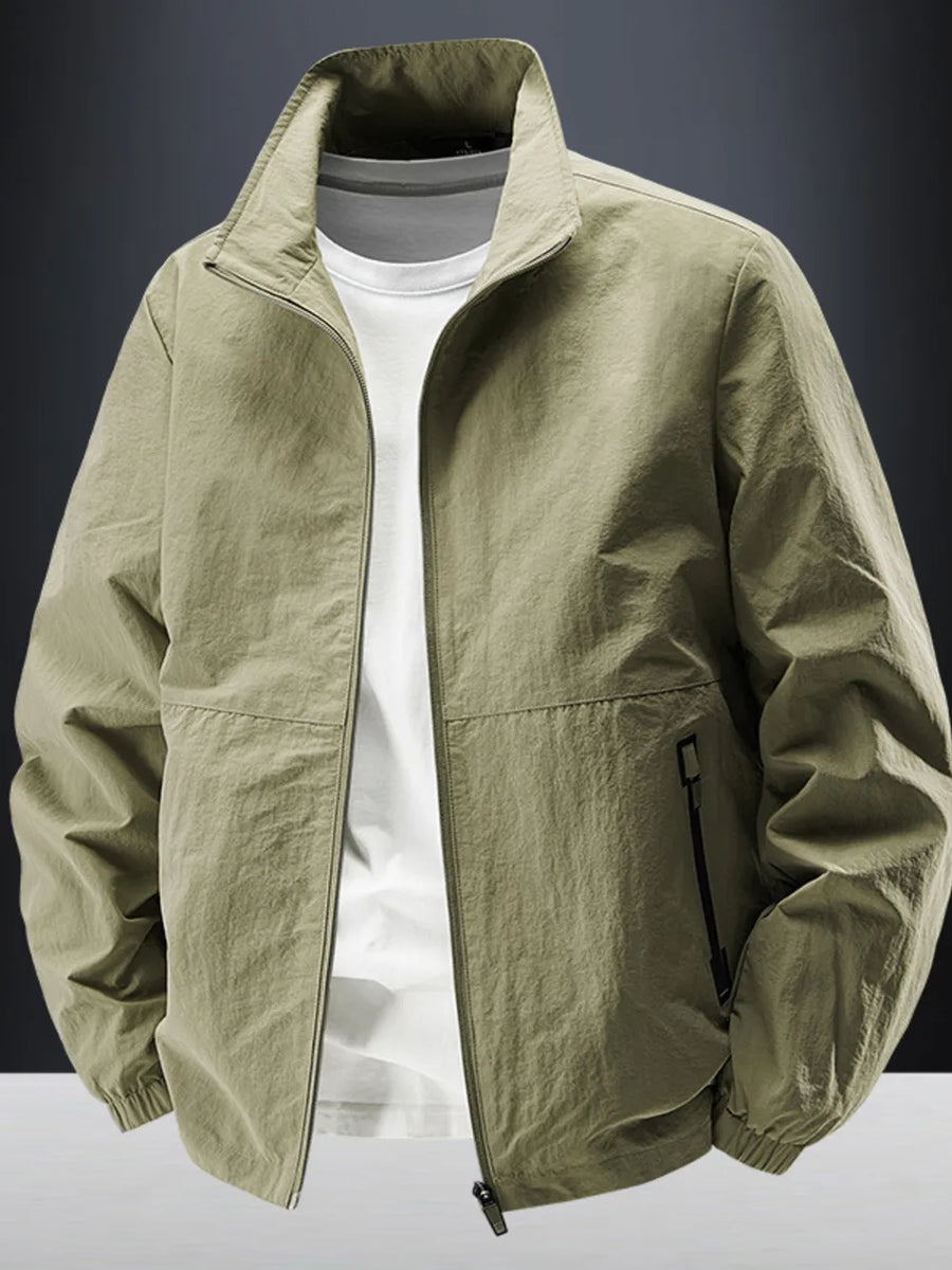 Army Green windbreaker with hip-length and zip-front