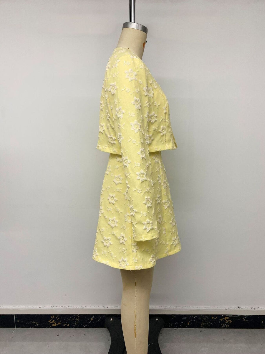 Textured Cropped Dress And Cardigan Set in light yellow