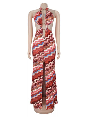 maxi dress in terracotta with chevron and cutout