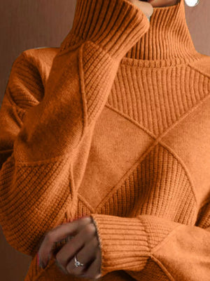 Argyle Pattern Turtleneck Sweater in Tangerine with ribbed