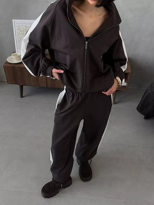 Black Zip Up Long Sleeve Outerwear And Pants Set