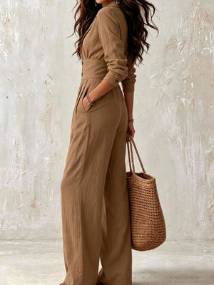 classic jumpsuit in Brown with notch lapel