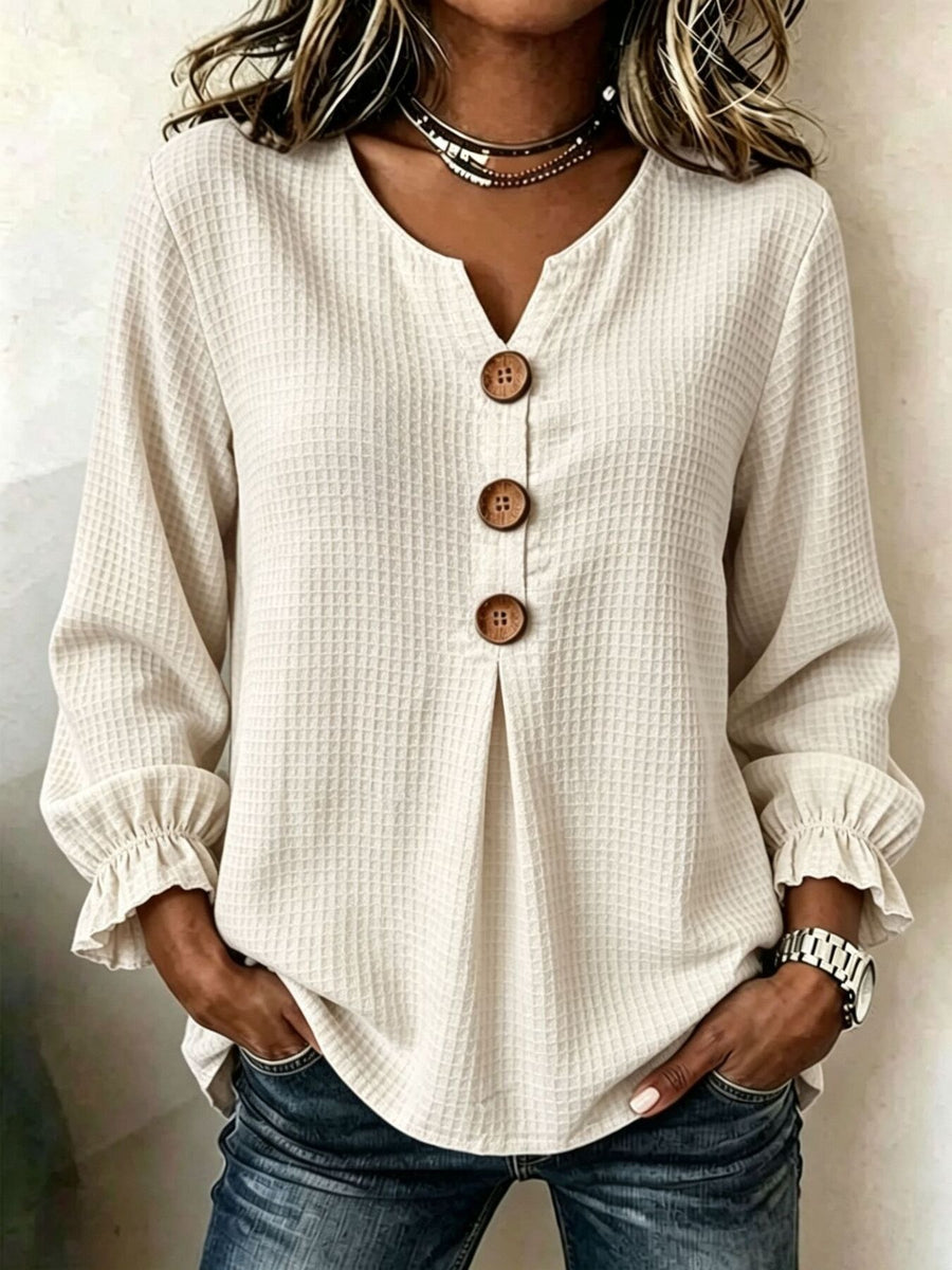 ivory blouse with waffle knit and henley
