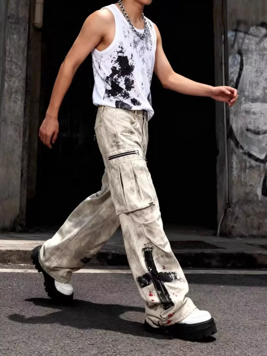 faded gray cargo pants featuring pocketed and tie-dye