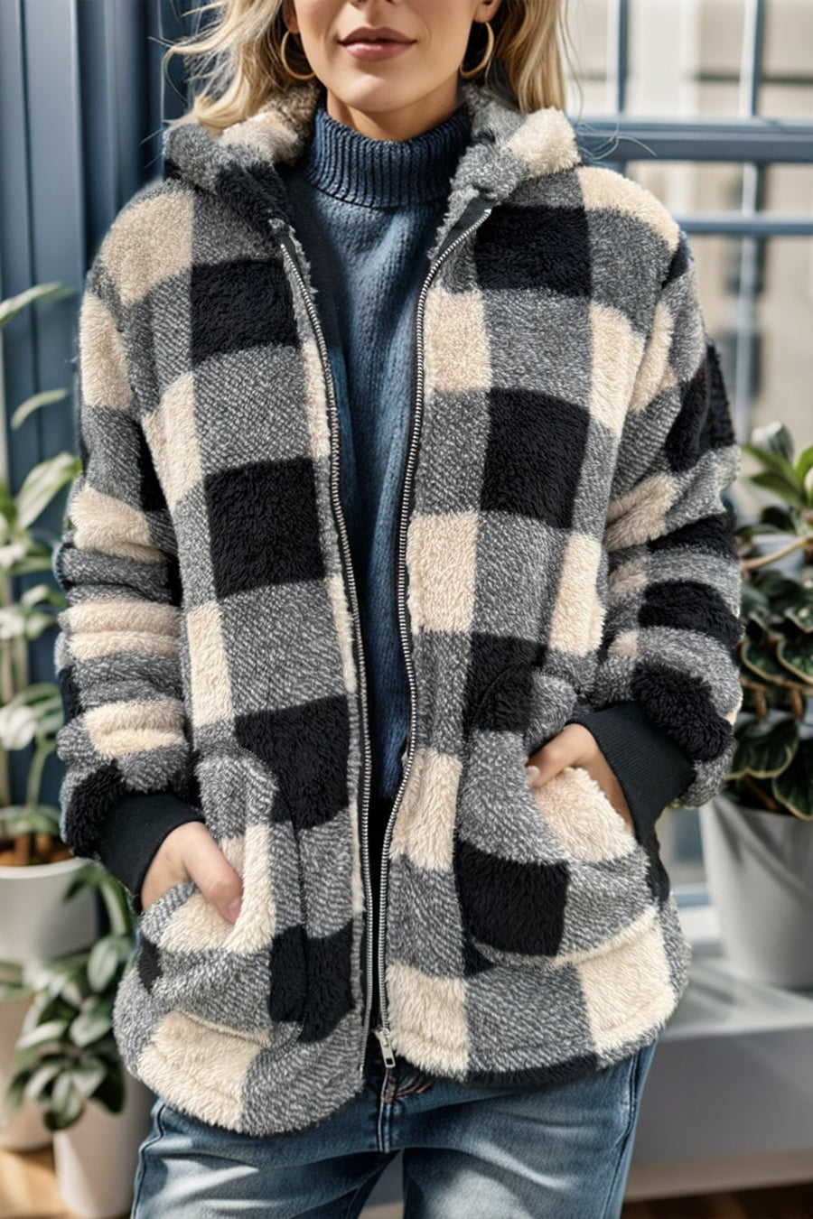 Sherpa zip-up jacket with buffalo check pattern in black and cream, featuring a hood and pockets.