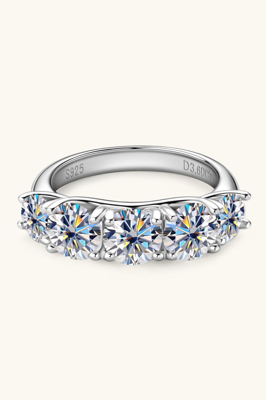 Silver five-stone moissanite eternity band ring with S925 and D3.60CT engravings.