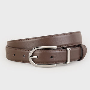 Brown cowhide leather belt with silver buckle and accent detail