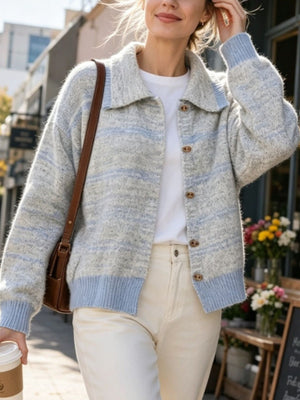 light blue cardigan featuring buttoned and striped