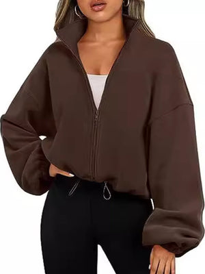 Drawstring Hem Zip Up Jacket in black