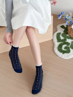 Navy Blue socks featuring lace trim and ditsy-floral