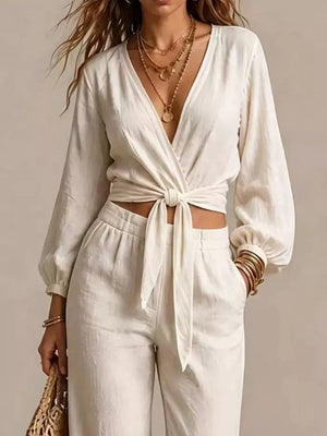 100% polyester Care instructions: Machine wash cold Two-Piece Set in Cream with relaxed silhouette