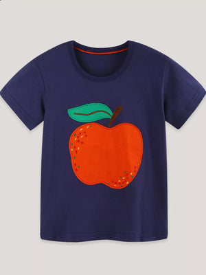 Navy cotton t-shirt with cheerful orange apple appliqué and green leaf detail.
