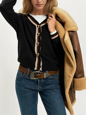 Apricot cardigan with contrast stitching and long sleeve