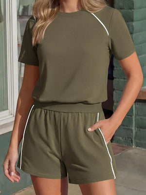 Contrast Trim Short Sleeve T-shirt And Shorts Set in Sky Blue with contrast stitching