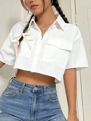 white button-up shirt with cropped and button-front