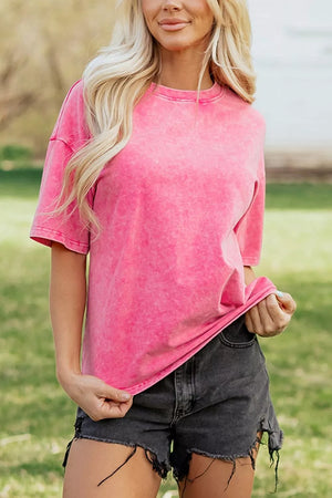 Solid Color Cotton Mineral Washed Oversize Tee in Fuchsia Pink