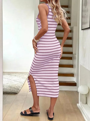 Purple striped bodycon midi dress with side slit and ribbed texture.