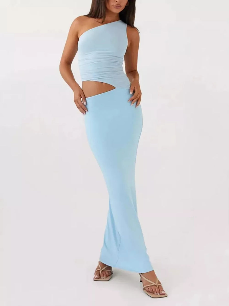 Blue one-shoulder cutout maternity maxi dress with ruched detail