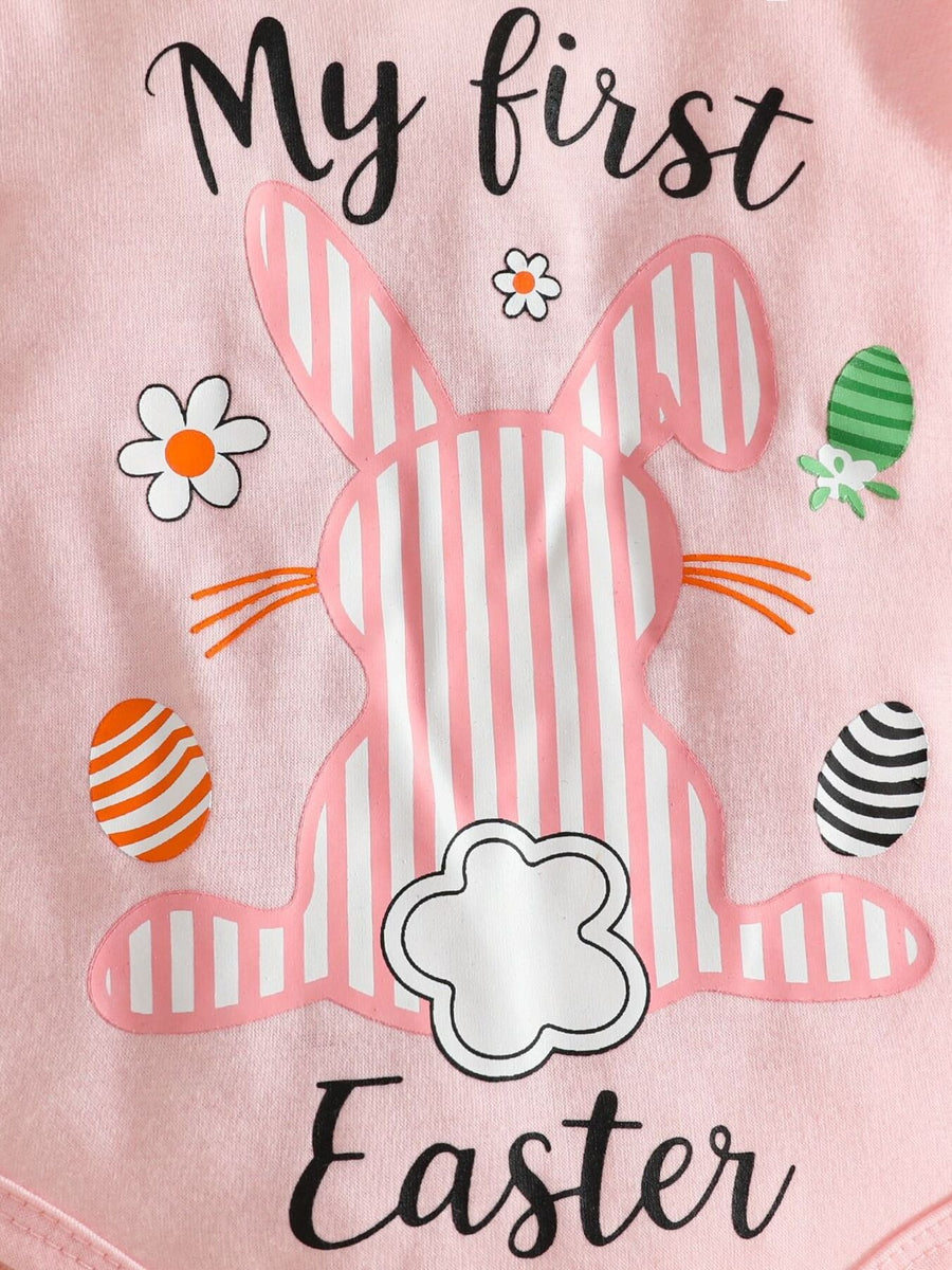 Pink baby bodysuit with striped bunny, Easter eggs, flowers, and text.