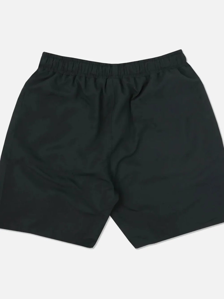 Black performance shorts with elastic waistband and embroidered wolf head detail.