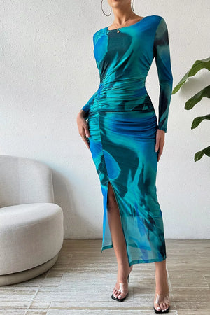 Ruched Tie-dye Midi Dress With High Slit in Dusty Blue