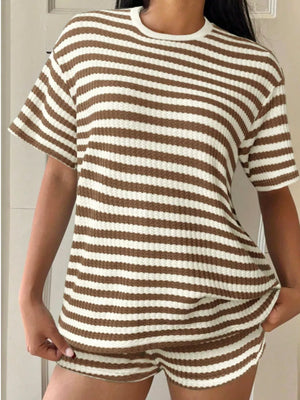 Brown and white striped waffle knit loungewear set with crew neck top and shorts.