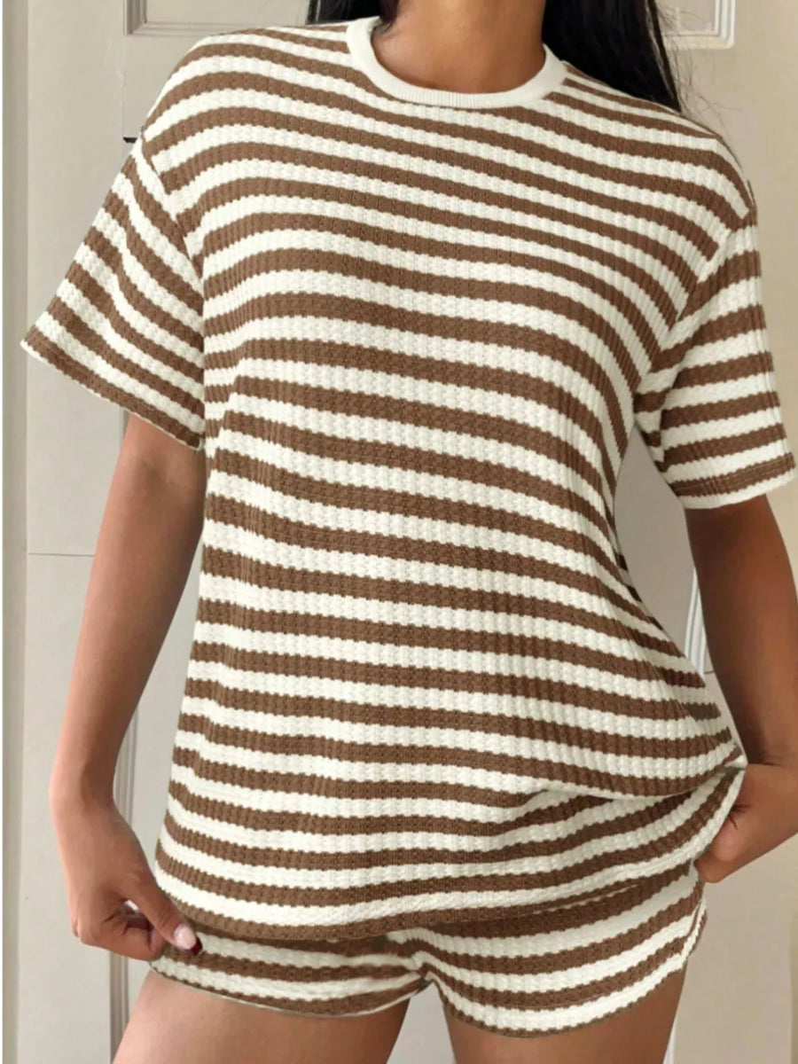 Brown and white striped waffle knit loungewear set with crew neck top and shorts.