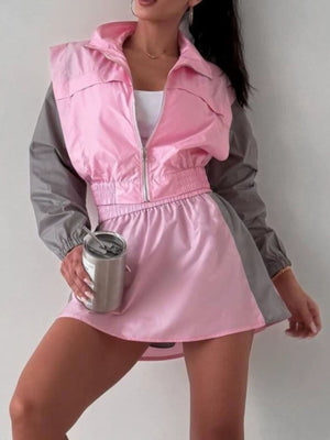 slate gray set featuring zipper and color-block