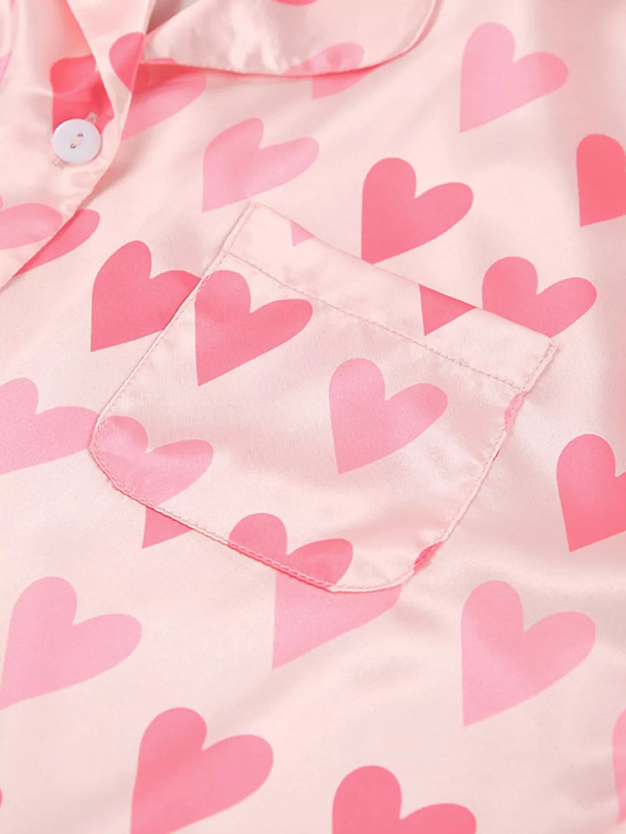 Heart Print Button Up Lounge Set in Blush Pink