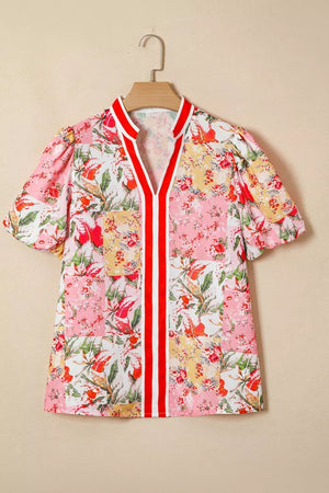 Contrast Collared V Neck Short Sleeve Floral Blouse option 5