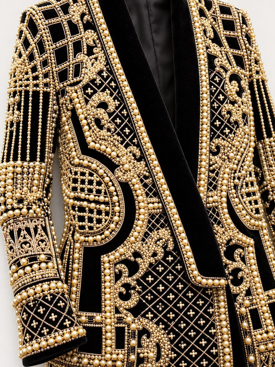 Embellished Pearl One-Button Blazer Plus Size in Silver with embellished