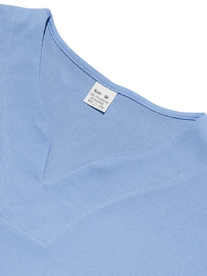 Light blue V-neck performance tee with contrast stitching and a size tag.