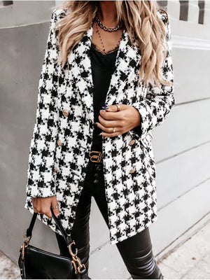 black overcoat with houndstooth and notch lapel