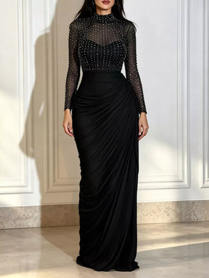 maxi dress in black featuring mesh and fitted fit
