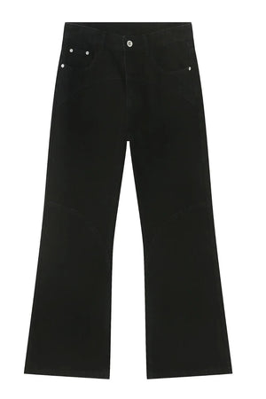Black denim trousers with flared legs and curved seam details.