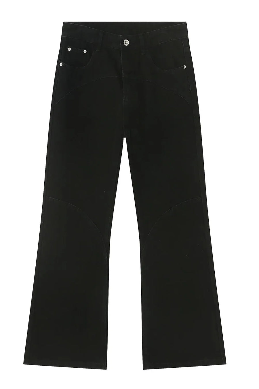Black denim trousers with flared legs and curved seam details.