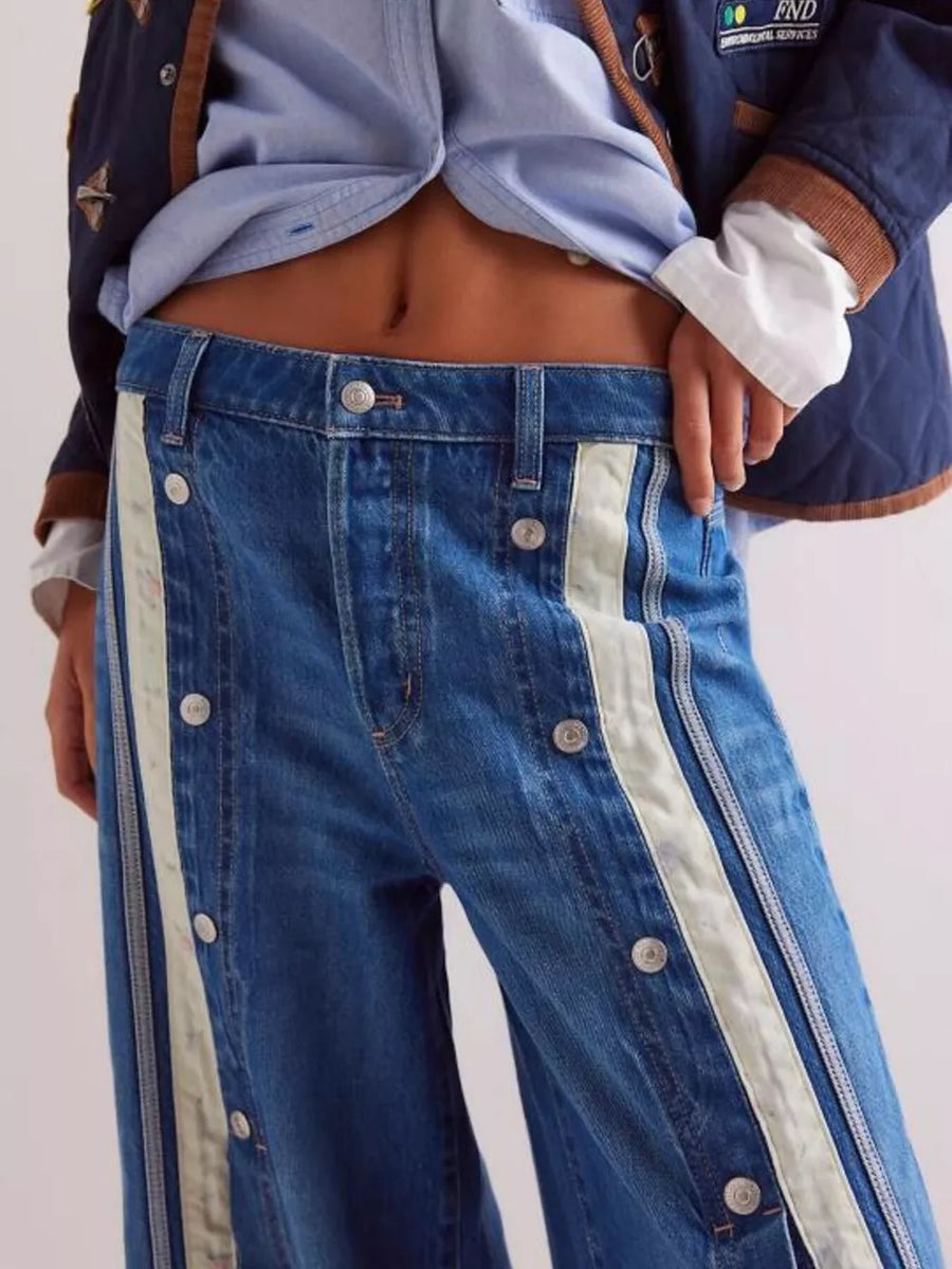 medium blue wide-leg jeans with full-length and snap