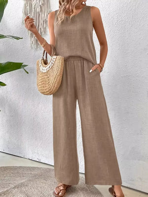 Taupe round neck sleeveless top and wide-leg pants set with pockets