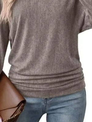 Long Sleeve Crew Neck Casual T-Shirt in Dark Blue with ruched