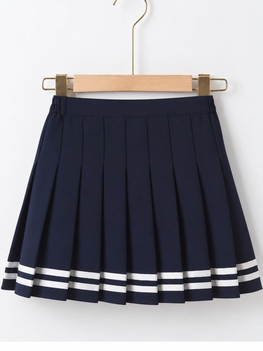 pleated skirt featuring striped in navy blue with Polyester, acetate, and spandex texture