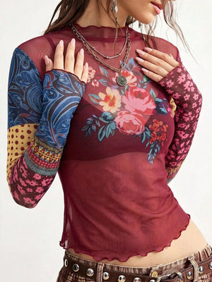 pink blouse featuring mesh and floral, paisley, polka dot