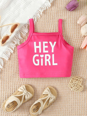 Baby girl's pink cami with white "HEY GIRL" graphic, cotton.