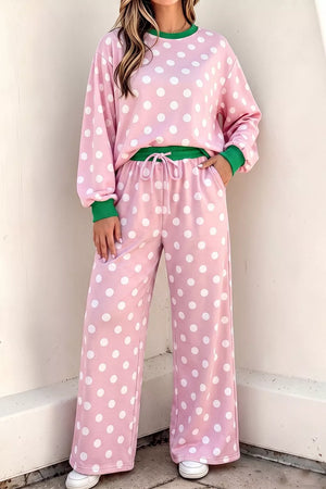 blush pink pajama set with polka dot and crew neck