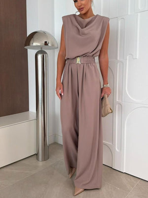 Mocha cowl neck wide-leg jumpsuit with elastic waist and gold buckle detail