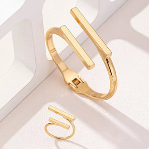 Adjustable 18k Gold-plated Bar Bracelet And Ring Set in gold with adjustable
