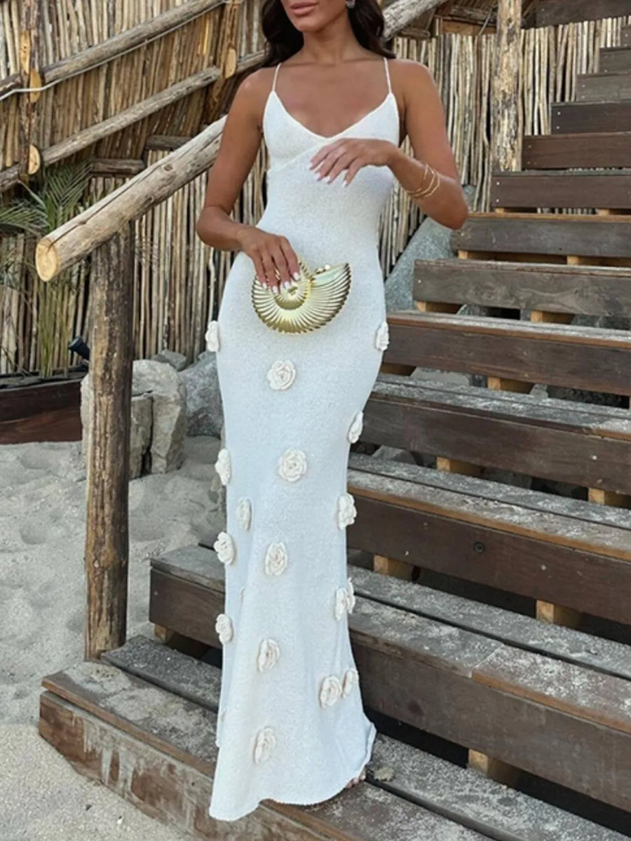 White cami gown with embroidered rose appliqués and a V-neck.