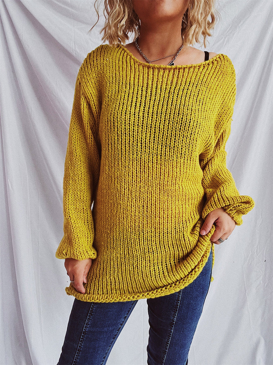 Turquoise open-knit slouchy boatneck pullover sweater