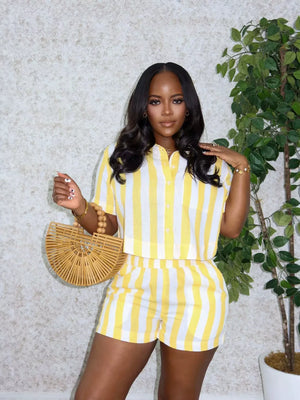 Yellow and white striped two-piece set with button-up shirt and shorts.