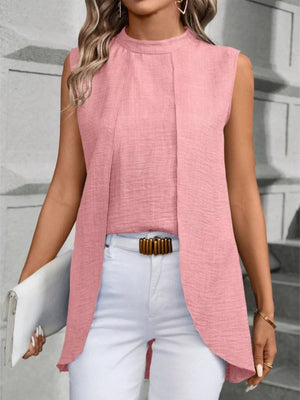 Pink mock neck sleeveless tank top with draped front detail.