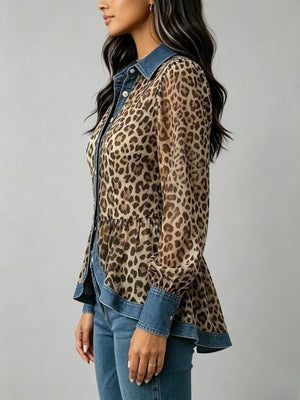 Leopard peplum top with hip-length and button-front